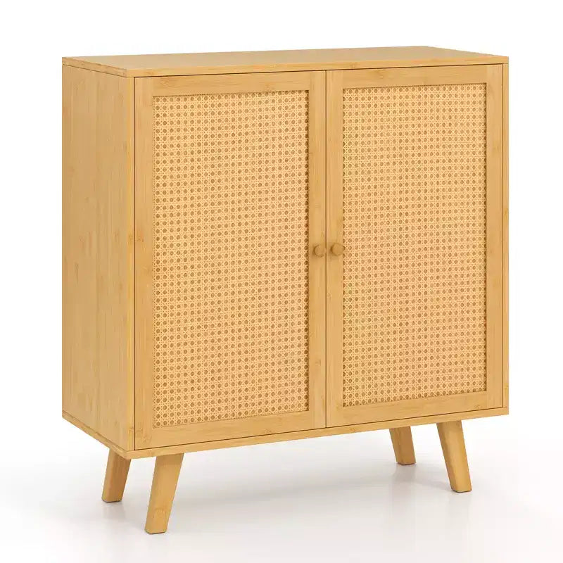 Buffet en bambou Costway avec portes en rotin PE Armoire de cuisine autoportante Naturel