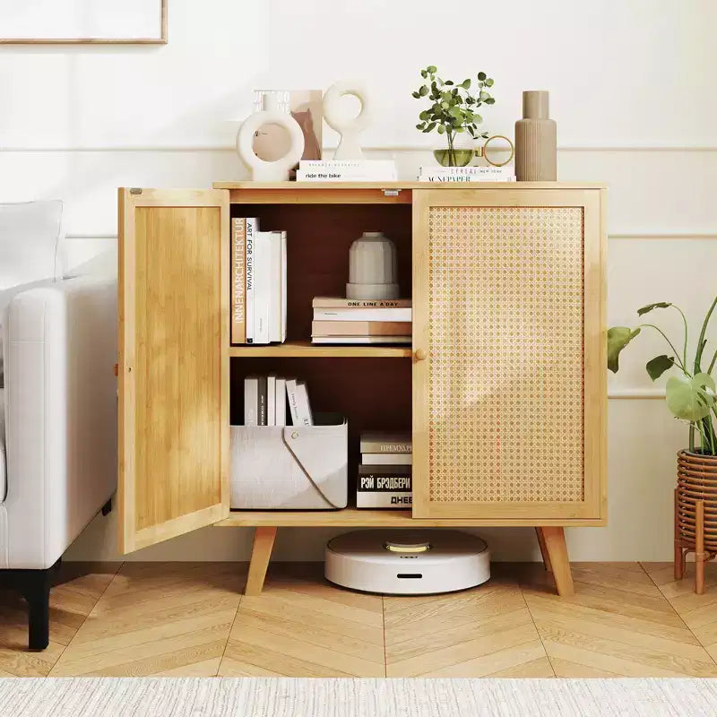 Buffet en bambou Costway avec portes en rotin PE Armoire de cuisine autoportante Naturel