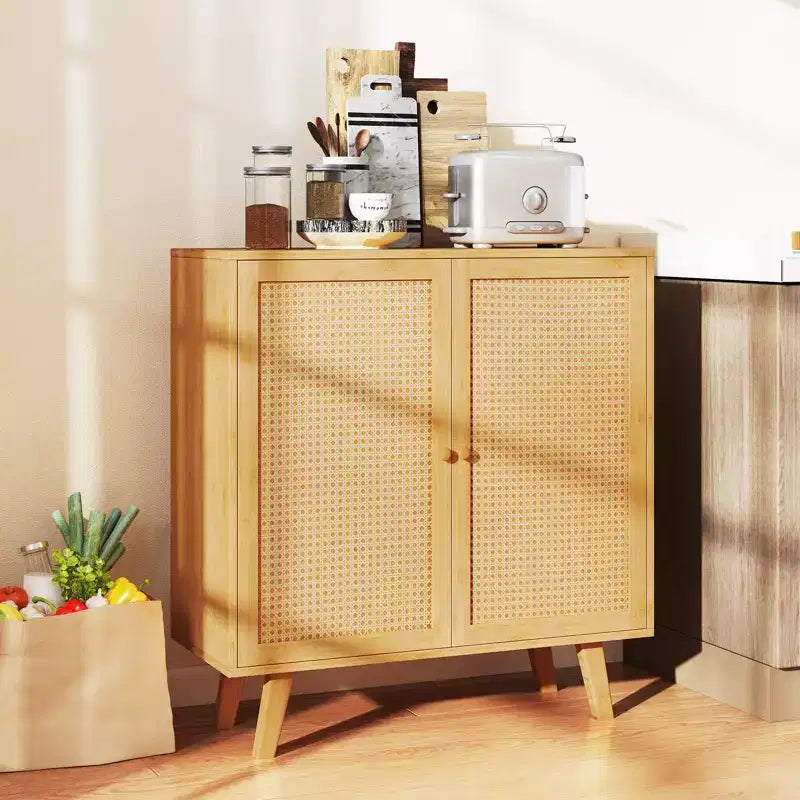 Buffet en bambou Costway avec portes en rotin PE Armoire de cuisine autoportante Naturel