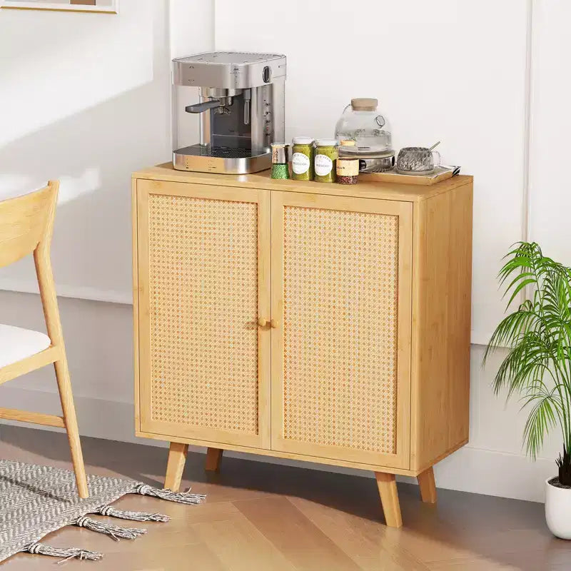 Buffet en bambou Costway avec portes en rotin PE Armoire de cuisine autoportante Naturel