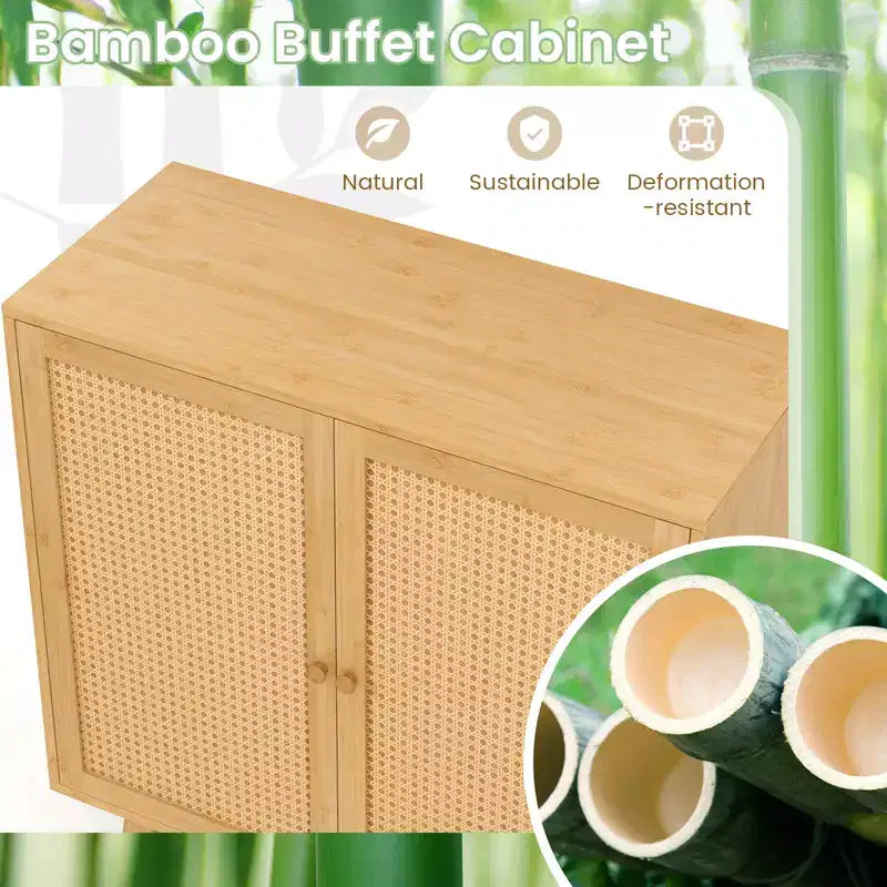 Buffet en bambou Costway avec portes en rotin PE Armoire de cuisine autoportante Naturel