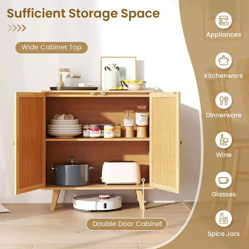 Buffet en bambou Costway avec portes en rotin PE Armoire de cuisine autoportante Naturel