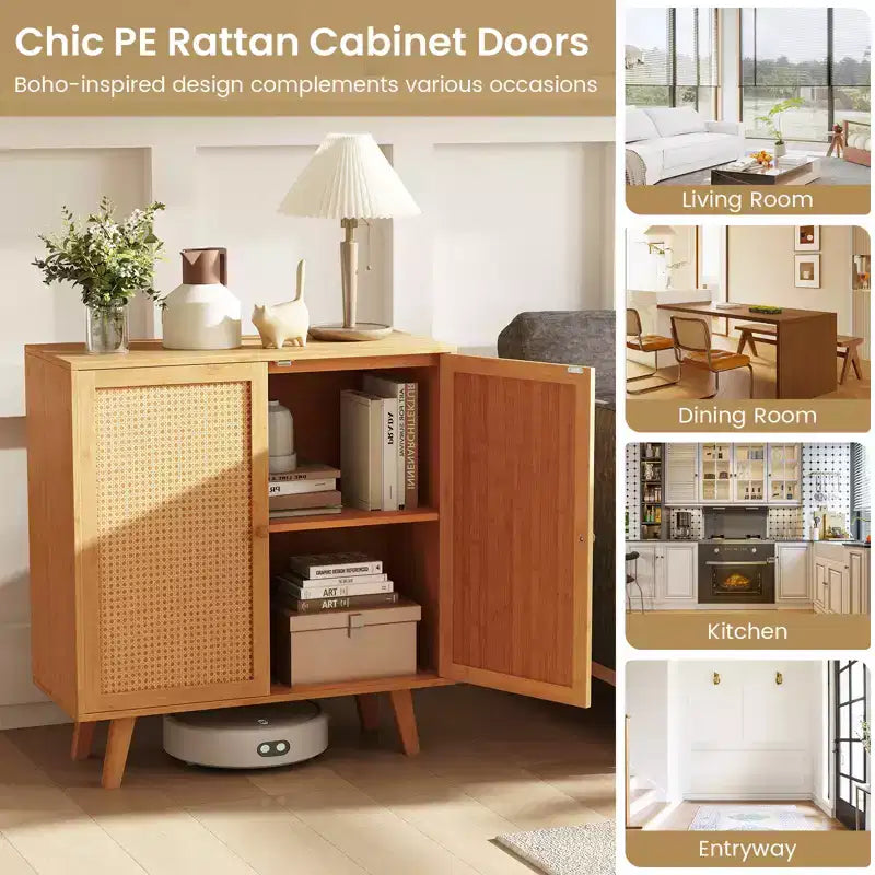Buffet en bambou Costway avec portes en rotin PE Armoire de cuisine autoportante Naturel