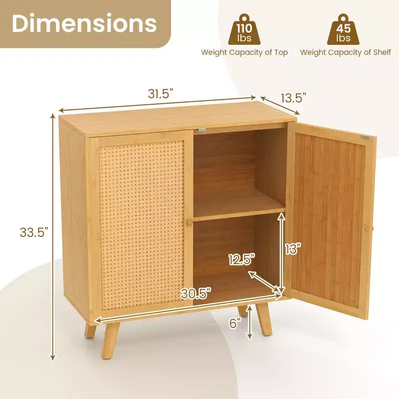 Buffet en bambou Costway avec portes en rotin PE Armoire de cuisine autoportante Naturel