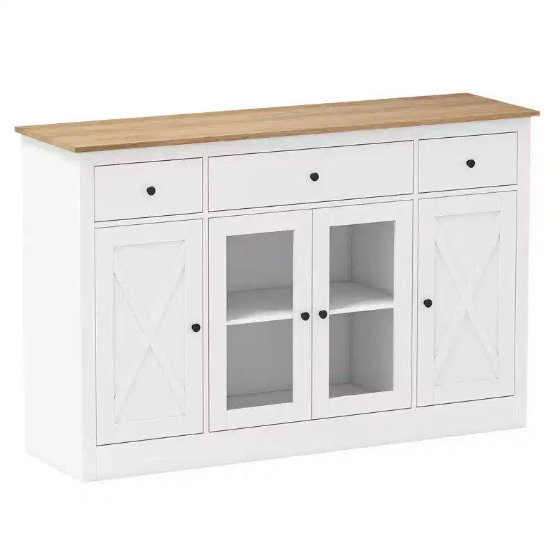 Costway Grand buffet de 140 cm avec 3 tiroirs, 2 portes vitrées et étagères réglables