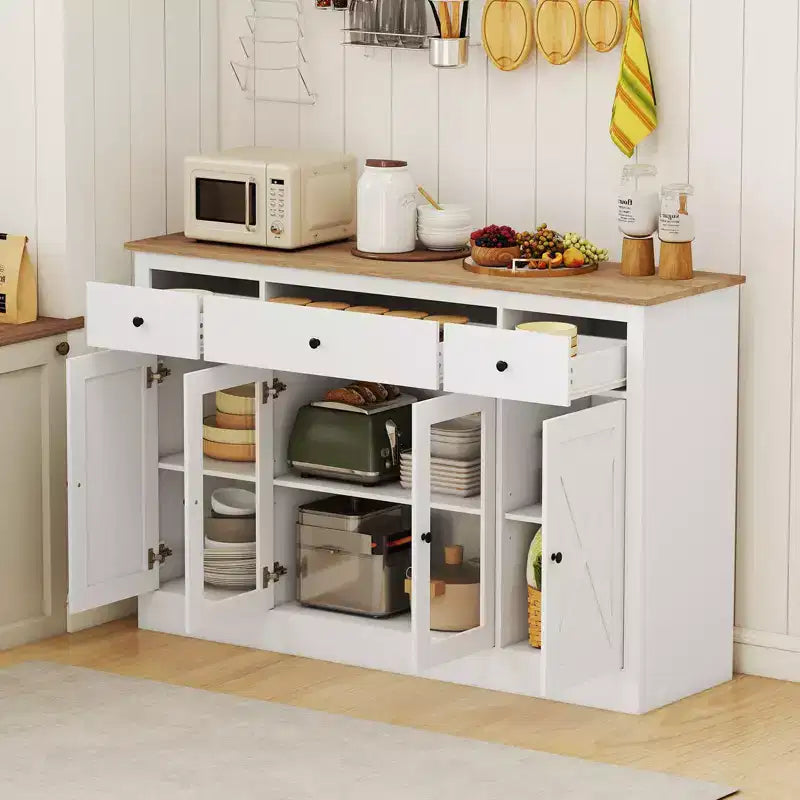 Costway Grand buffet de 140 cm avec 3 tiroirs, 2 portes vitrées et étagères réglables