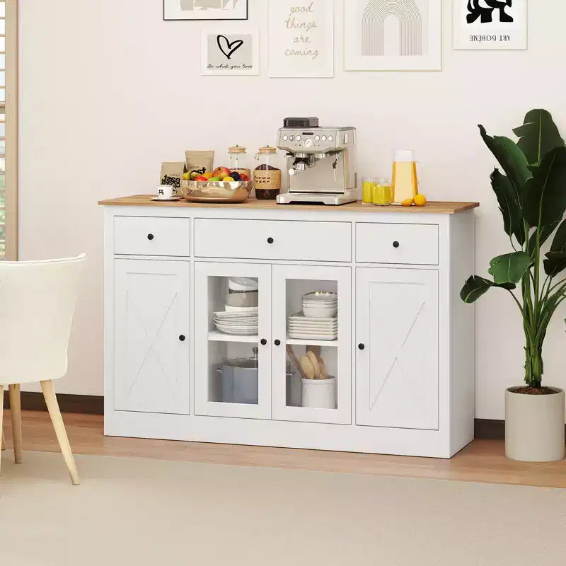 Costway Grand buffet de 140 cm avec 3 tiroirs, 2 portes vitrées et étagères réglables