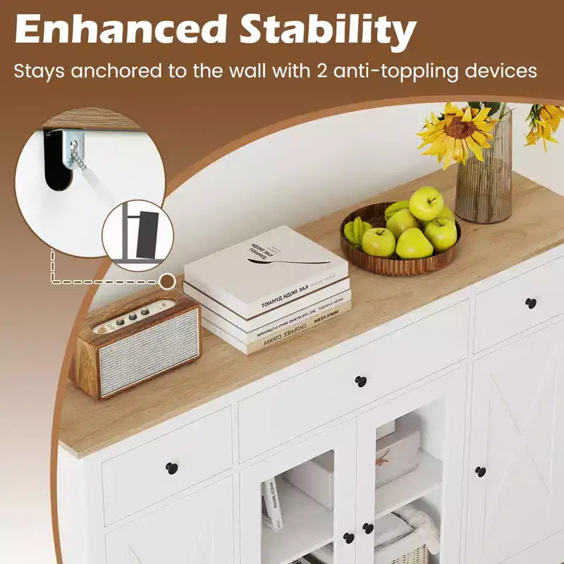 Costway Grand buffet de 140 cm avec 3 tiroirs, 2 portes vitrées et étagères réglables