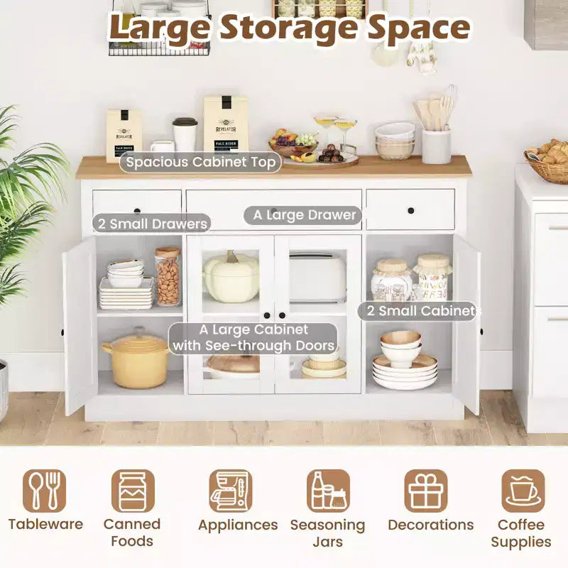 Costway Grand buffet de 140 cm avec 3 tiroirs, 2 portes vitrées et étagères réglables