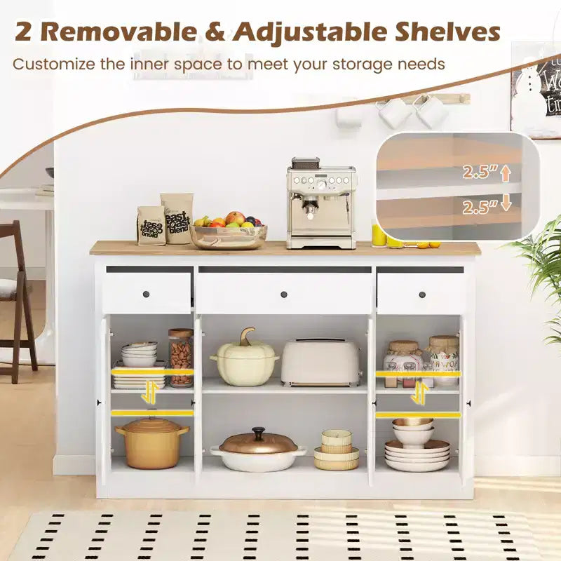 Costway Grand buffet de 140 cm avec 3 tiroirs, 2 portes vitrées et étagères réglables