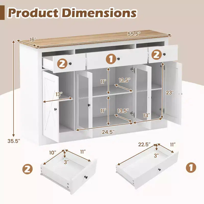 Costway Grand buffet de 140 cm avec 3 tiroirs, 2 portes vitrées et étagères réglables