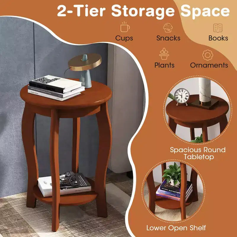 Costway Lot de 2 tables d'appoint rondes à 2 niveaux pour canapé, table de chevet étroite avec étagère de rangement