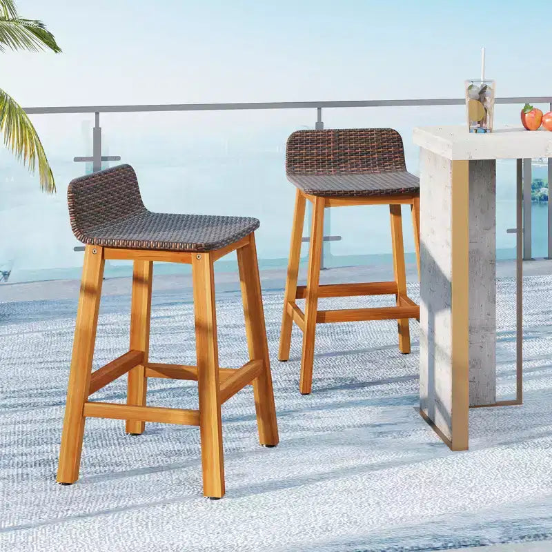Tabourets de Bar Costway en Bois d'Acacia Massif, Lot de 2 Chaises de Bar en Rotin pour Patio, Hauteur Bar
