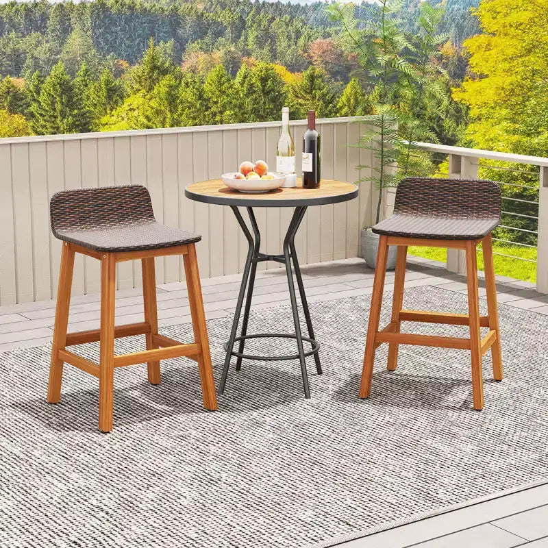 Tabourets de Bar Costway en Bois d'Acacia Massif, Lot de 2 Chaises de Bar en Rotin pour Patio, Hauteur Bar