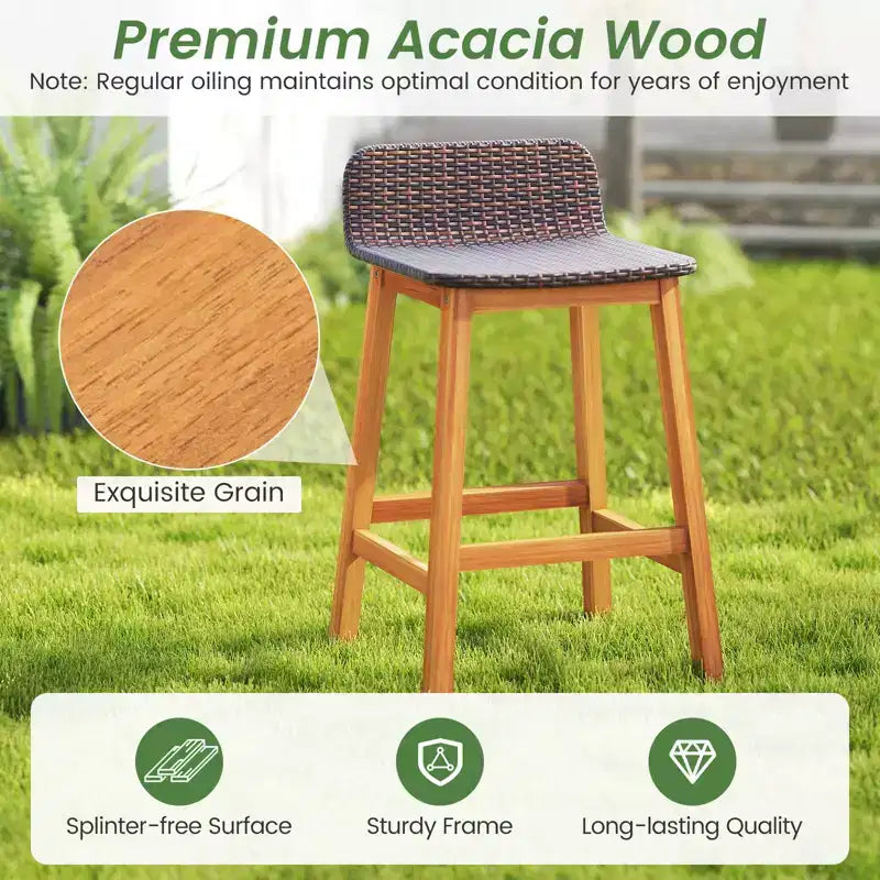 Tabourets de Bar Costway en Bois d'Acacia Massif, Lot de 2 Chaises de Bar en Rotin pour Patio, Hauteur Bar