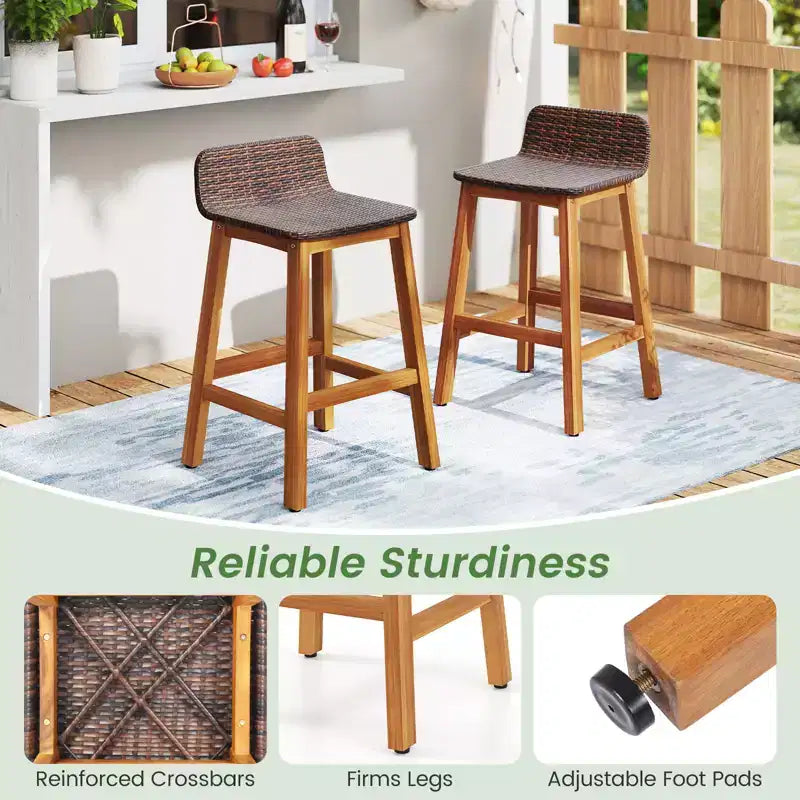 Tabourets de Bar Costway en Bois d'Acacia Massif, Lot de 2 Chaises de Bar en Rotin pour Patio, Hauteur Bar