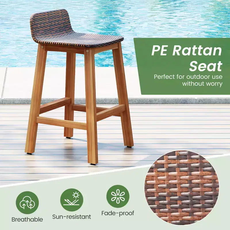 Tabourets de Bar Costway en Bois d'Acacia Massif, Lot de 2 Chaises de Bar en Rotin pour Patio, Hauteur Bar