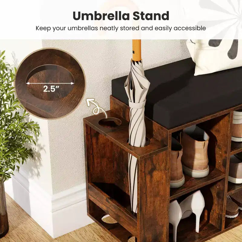 Banc de rangement pour chaussures Costway avec porte-parapluie, siège rembourré, étagères réglables et amovibles