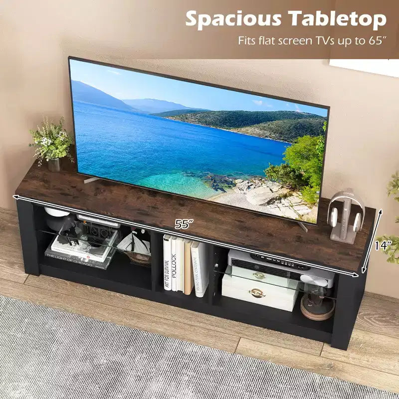 Meuble TV Costway avec lumières LED pour téléviseurs jusqu'à 65 pouces avec étagères réglables en verre trempé