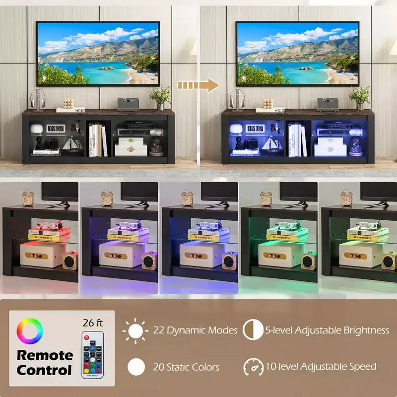 Meuble TV Costway avec lumières LED pour téléviseurs jusqu'à 65 pouces avec étagères réglables en verre trempé