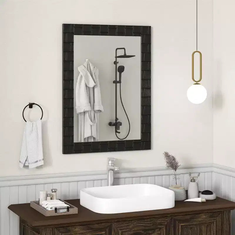 Miroir mural encadré bois Costway 32 x 24 avec cadre en bois massif - Suspension verticale ou horizontale