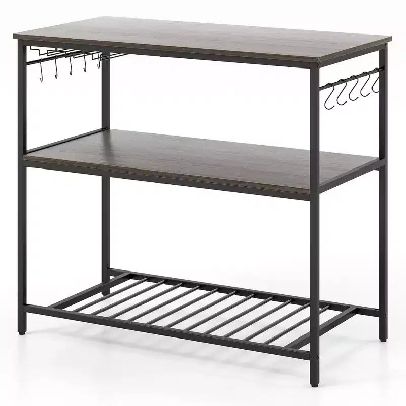 Îlot de cuisine Costway avec 3 étagères, comptoir de cuisine industriel avec porte-verres et 10 crochets, étagère de cuisine à 3 niveaux avec cadre métallique robuste