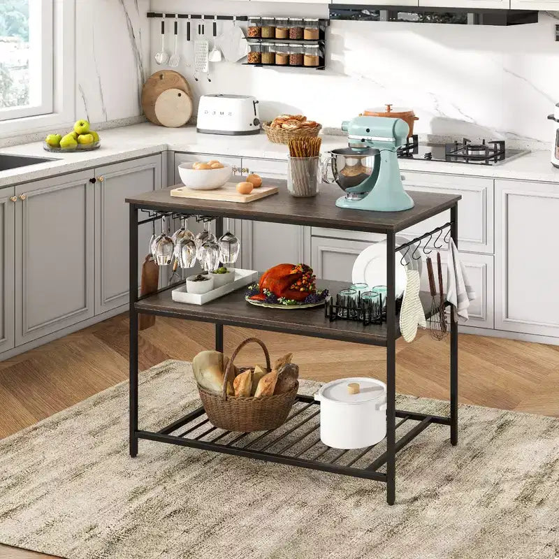 Îlot de cuisine Costway avec 3 étagères, comptoir de cuisine industriel avec porte-verres et 10 crochets, étagère de cuisine à 3 niveaux avec cadre métallique robuste