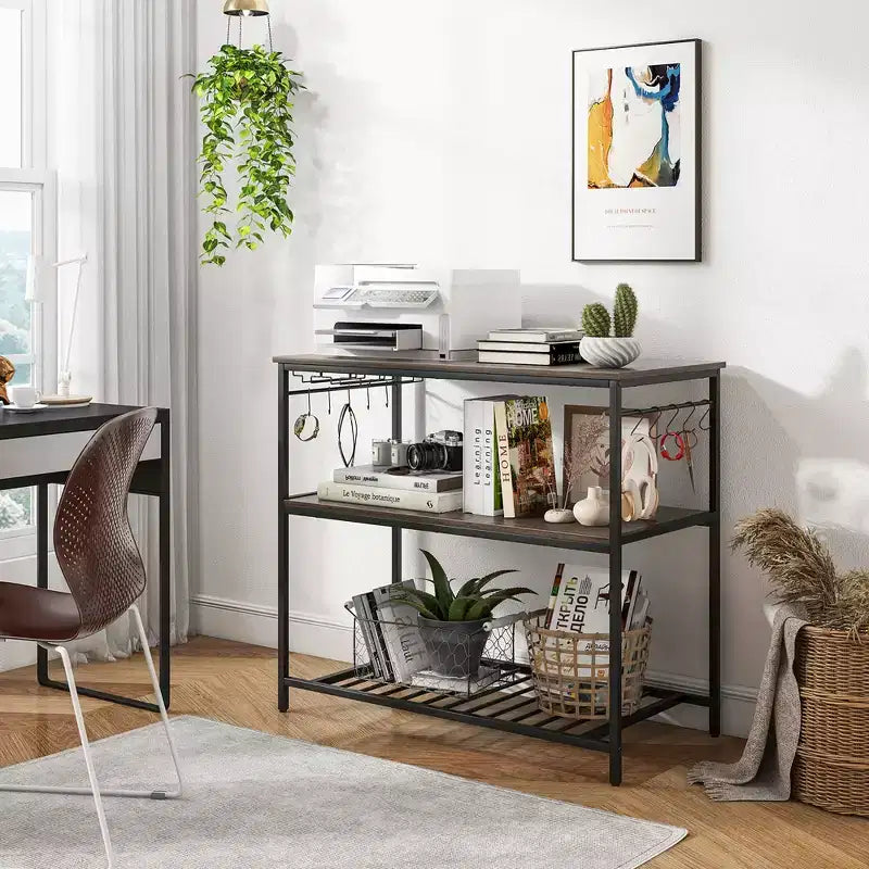 Îlot de cuisine Costway avec 3 étagères, comptoir de cuisine industriel avec porte-verres et 10 crochets, étagère de cuisine à 3 niveaux avec cadre métallique robuste