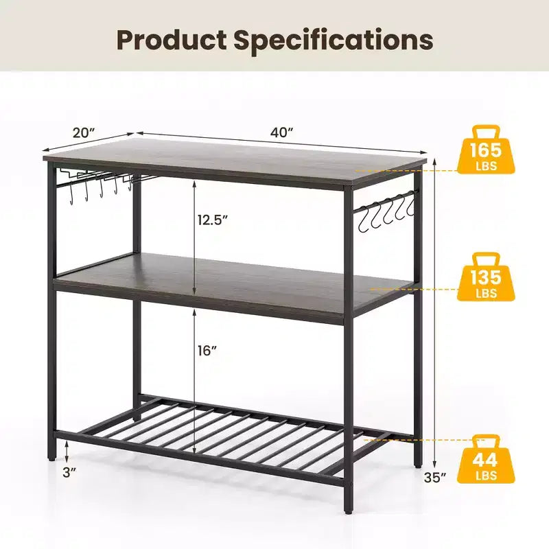 Îlot de cuisine Costway avec 3 étagères, comptoir de cuisine industriel avec porte-verres et 10 crochets, étagère de cuisine à 3 niveaux avec cadre métallique robuste