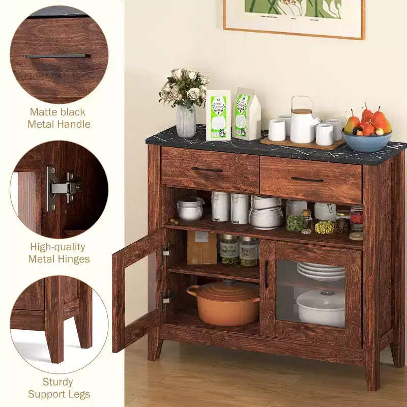 Buffet de cuisine Costway avec 2 tiroirs, 1 compartiment ouvert, 2 portes et 2 étagères réglables
