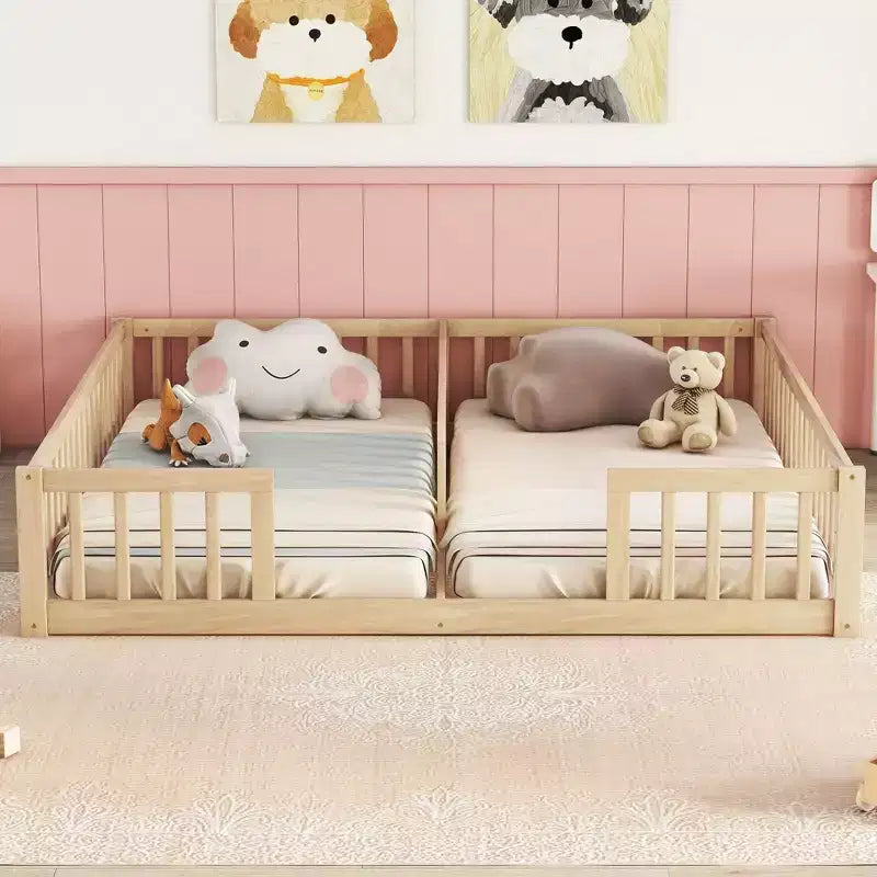 Lit au sol double/jumeau TUYOHW pour enfants avec clôture, lit Montessori moderne avec barrières de sécurité pour chambre à coucher