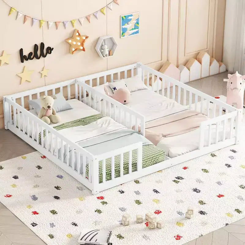Lit au sol double/jumeau TUYOHW pour enfants avec clôture, lit Montessori moderne avec barrières de sécurité pour chambre à coucher
