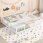 Lit au sol double/jumeau TUYOHW pour enfants avec clôture, lit Montessori moderne avec barrières de sécurité pour chambre à coucher