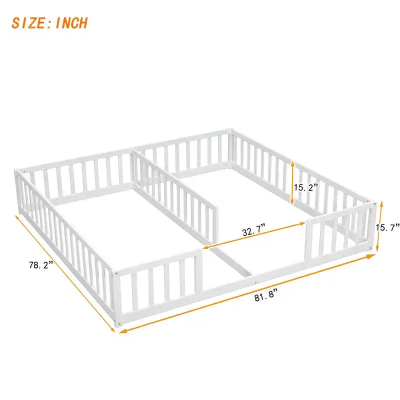 Lit au sol double/jumeau TUYOHW pour enfants avec clôture, lit Montessori moderne avec barrières de sécurité pour chambre à coucher