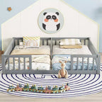 Lit au sol double/jumeau TUYOHW pour enfants avec clôture, lit Montessori moderne avec barrières de sécurité pour chambre à coucher