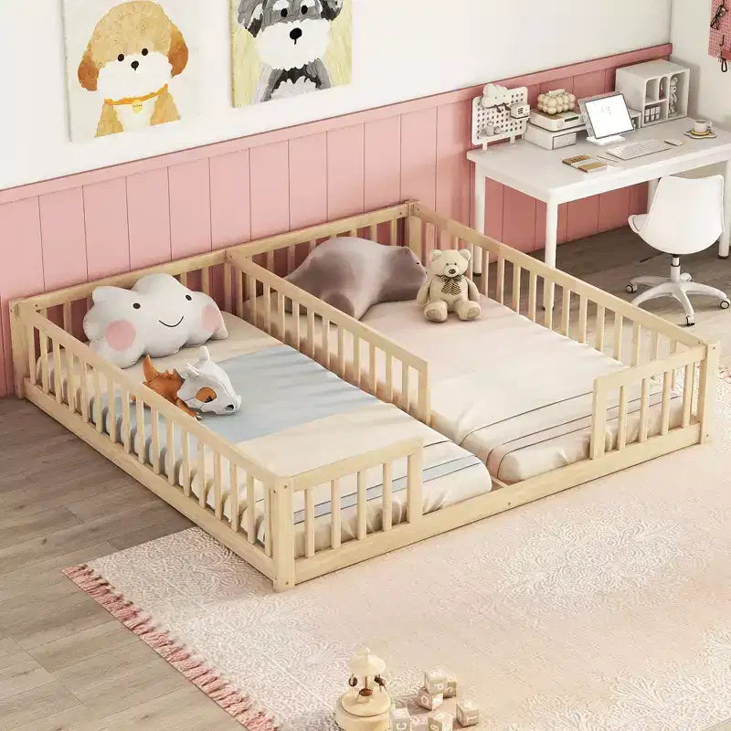 Lit au sol double/jumeau TUYOHW pour enfants avec clôture, lit Montessori moderne avec barrières de sécurité pour chambre à coucher