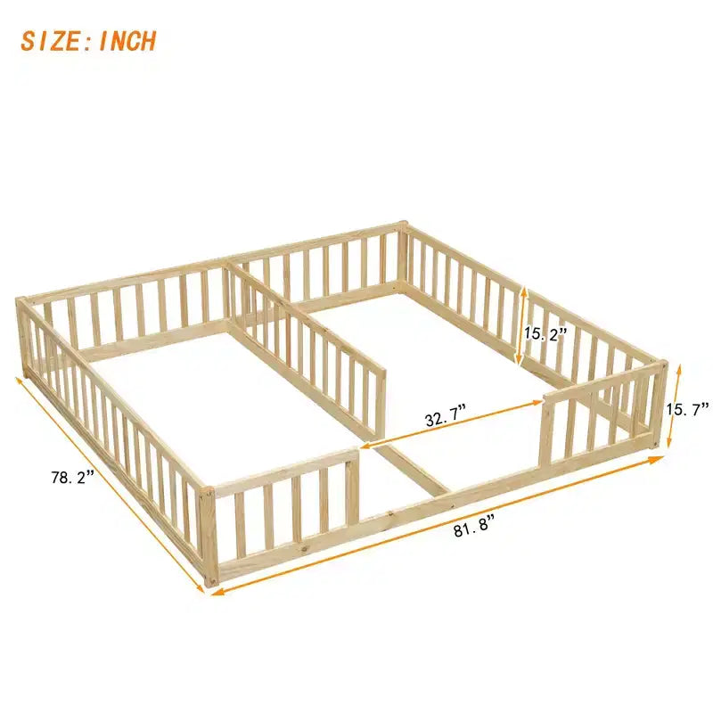 Lit au sol double/jumeau TUYOHW pour enfants avec clôture, lit Montessori moderne avec barrières de sécurité pour chambre à coucher