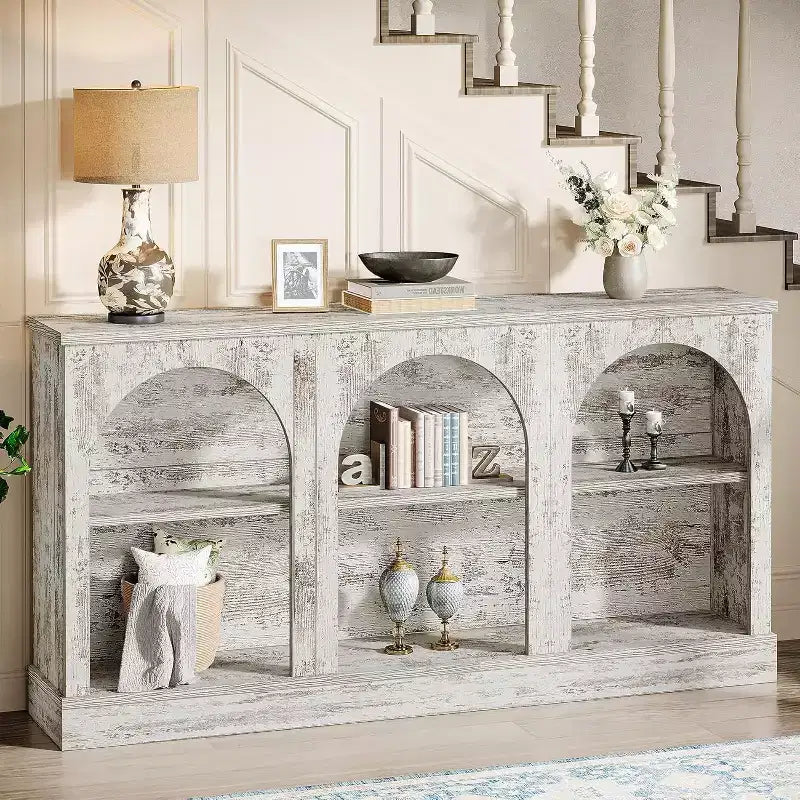 Console de ferme Lantine, table d'entrée de 160 cm de long avec 3 niveaux de rangement, table de canapé en bois pour le salon
