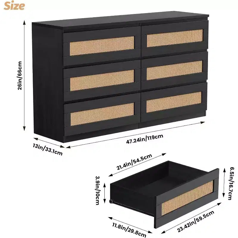Commode moderne 6 tiroirs en rotin, meuble de rangement noir et fin pour chambre, salon, entrée, armoire autoportante avec poignées en métal