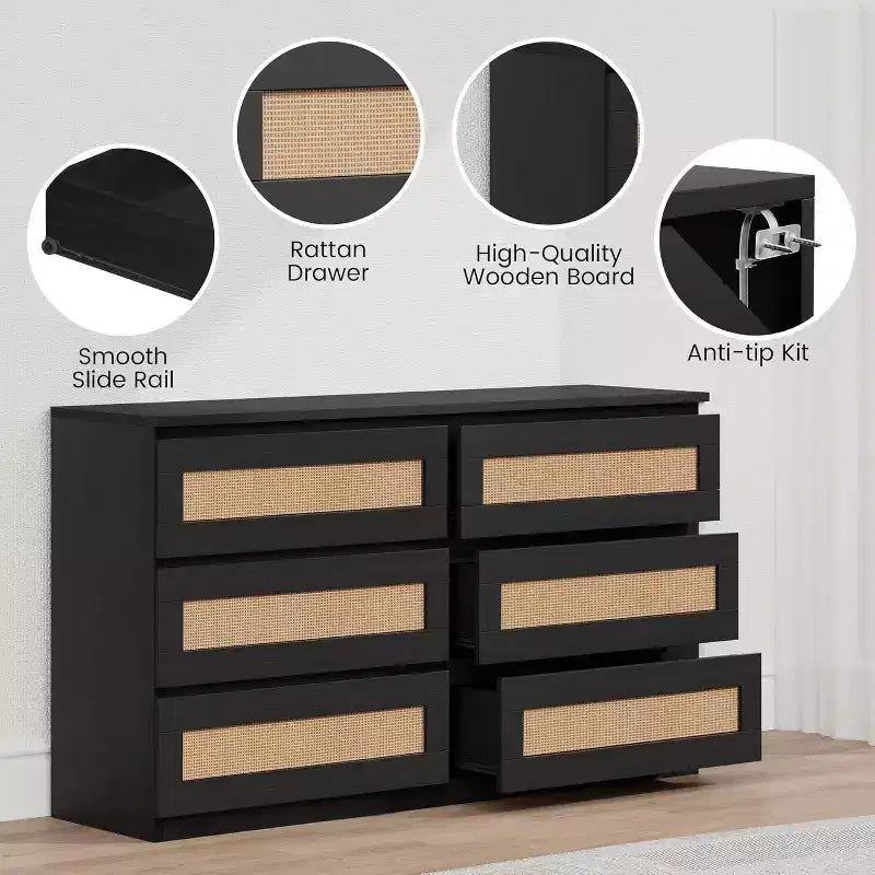 Commode moderne 6 tiroirs en rotin, meuble de rangement noir et fin pour chambre, salon, entrée, armoire autoportante avec poignées en métal