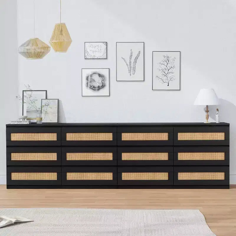 Commode moderne 6 tiroirs en rotin, meuble de rangement noir et fin pour chambre, salon, entrée, armoire autoportante avec poignées en métal