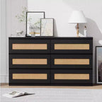 Commode moderne 6 tiroirs en rotin, meuble de rangement noir et fin pour chambre, salon, entrée, armoire autoportante avec poignées en métal