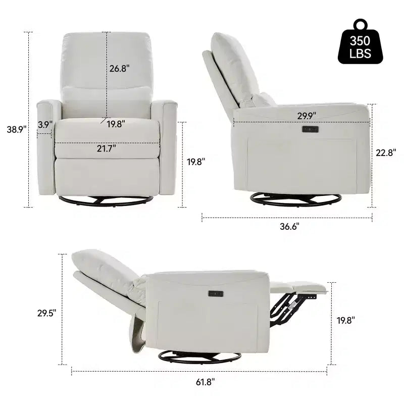 Canapé inclinable électrique Dyonery Power Swivel Rocker, petit canapé inclinable électrique avec ports USB et Type-C, fauteuil de crèche planeur avec support lombaire