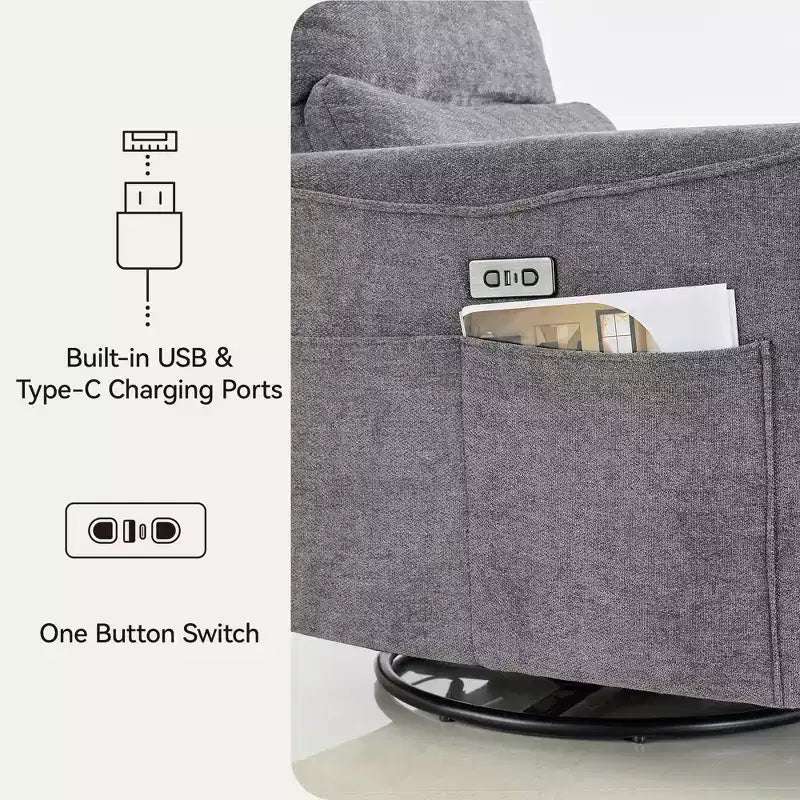 Canapé inclinable électrique Dyonery Power Swivel Rocker, petit canapé inclinable électrique avec ports USB et Type-C, fauteuil de crèche planeur avec support lombaire