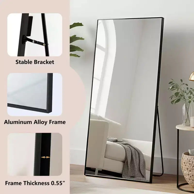 MAYEERTY Miroir pleine longueur en aluminium 71x32in, noir, à angle droit, verre trempé, avec support