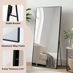 MAYEERTY Miroir pleine longueur en aluminium 71x32in, noir, à angle droit, verre trempé, avec support