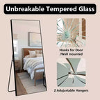 MAYEERTY Miroir pleine longueur en aluminium 71x32in, noir, à angle droit, verre trempé, avec support