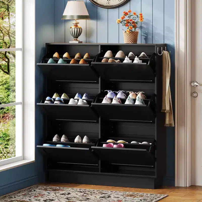 MAYEERTY Meuble à chaussures moderne et élégant à bascule étroite, 6 tiroirs rabattables, étagère réglable, 3 crochets argentés, blanc