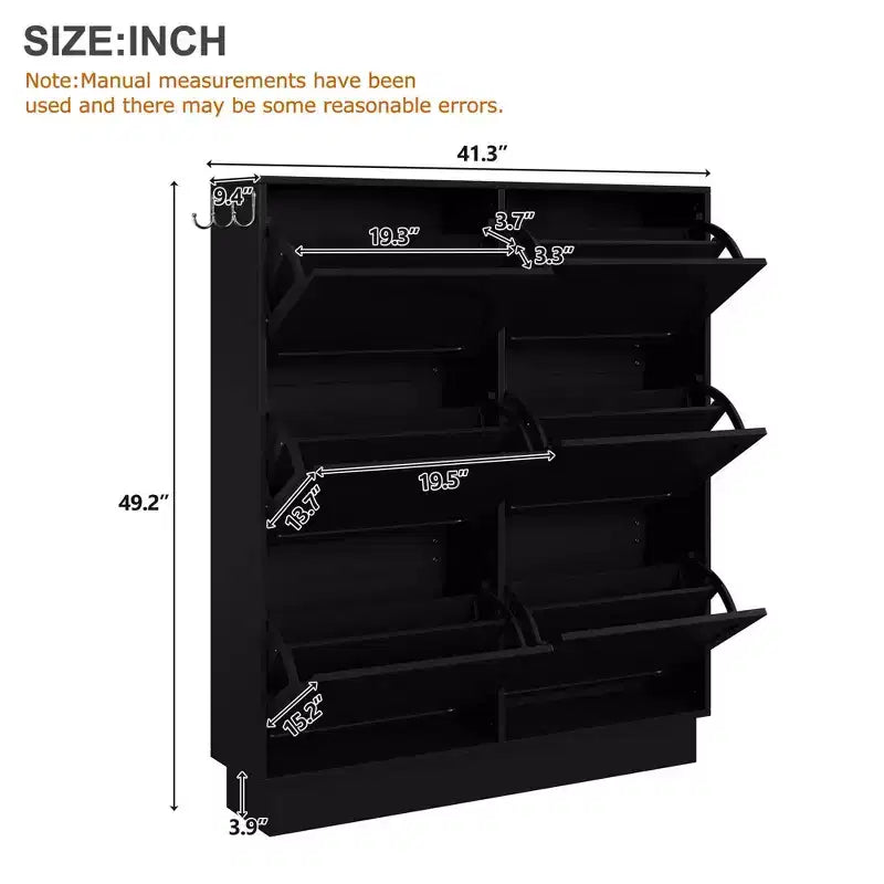 MAYEERTY Meuble à chaussures moderne et élégant à bascule étroite, 6 tiroirs rabattables, étagère réglable, 3 crochets argentés, blanc