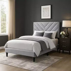 Royal Hampton Full Size Bed, Tufted Gray Velvet Upholstery, Chevron Stitch
